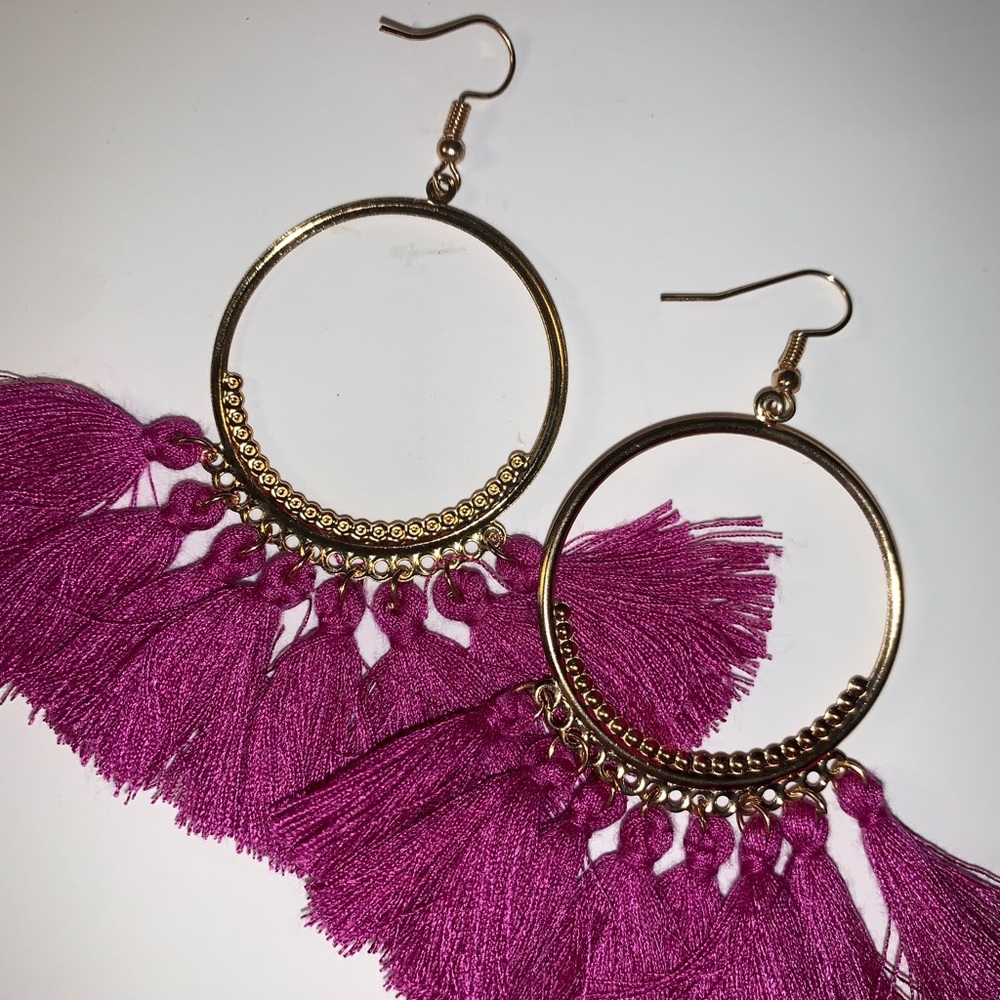 Magenta Tassel Earrings Hanging